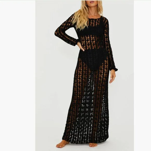NWT $248 Beach Riot Ariana Long Sleeve Cotton Crochet Cover-Up DressBLACK S
